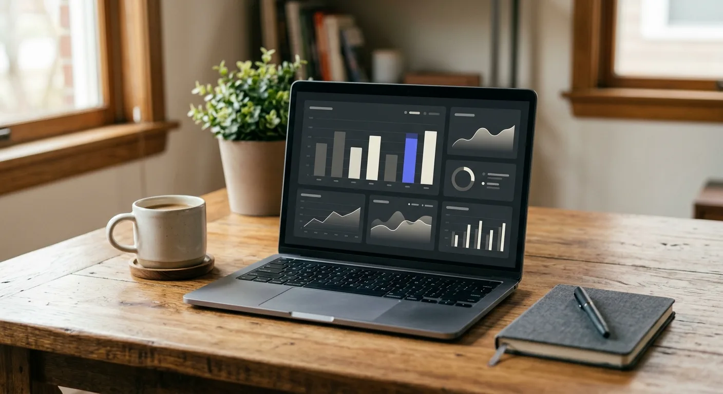 Laptop on a wooden desk showing an analytics dashboard
