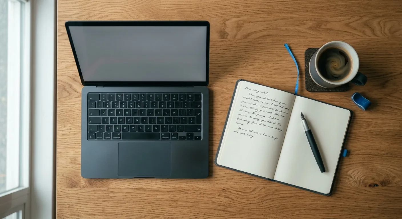 Overhead workspace flat-lay with laptop, notebook and coffee