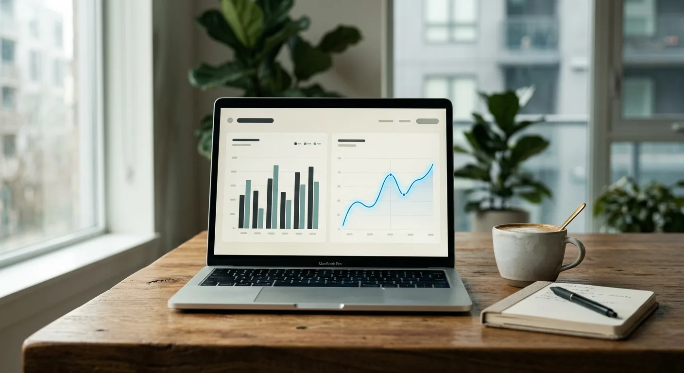 Laptop on a wooden desk showing an analytics dashboard